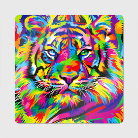 Магнит виниловый Квадрат с принтом Тигр в стиле поп арт в Петрозаводске, полимерный материал с магнитным слоем | размер 9*9 см, закругленные углы | 2022 | art | beast | mosaic | multicolored head | new year | pop art | predator | rainbow | tiger | year of the tiger | год тигра | зверь | искусство | мозаика | новый год | радужный | разноцветная голова | тигр | хищник