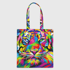 Шоппер 3D с принтом Тигр в стиле поп арт в Петрозаводске, 100% полиэстер | Плотность: 200 г/м2; Размер: 34×35 см; Высота лямок: 30 см | 2022 | art | beast | mosaic | multicolored head | new year | pop art | predator | rainbow | tiger | year of the tiger | год тигра | зверь | искусство | мозаика | новый год | радужный | разноцветная голова | тигр | хищник