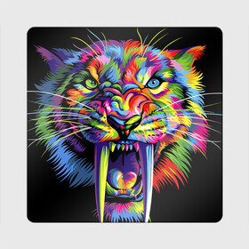 Магнит виниловый Квадрат с принтом Саблезубый тигр в стиле поп арт в Петрозаводске, полимерный материал с магнитным слоем | размер 9*9 см, закругленные углы | 2022 | art | beast | colorful head | mosaic | new year | pop art | predator | rainbow | sabertoothed tiger | year of the tiger | большие клыки | год тигра | зверь | искусство | мозаика | новый год | радужный | разноцветная голова | саблезубый тиг