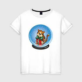 Женская футболка хлопок с принтом Тигр в новогоднем шаре в Петрозаводске, 100% хлопок | прямой крой, круглый вырез горловины, длина до линии бедер, слегка спущенное плечо | 2022 | год тигра | новый год | новый год 2022 | символ года | тигр | тигренок | тигрица | тигры