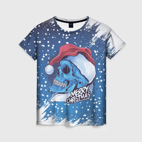 Женская футболка 3D с принтом Merry Christmas | Счастливого Рождества | Skull в Петрозаводске, 100% полиэфир ( синтетическое хлопкоподобное полотно) | прямой крой, круглый вырез горловины, длина до линии бедер | Тематика изображения на принте: 2022 | christmas | cold | klaus | merry | new | santa | skull | snow | winter | year | год | дед | зима | клаус | мороз | новый | рождество | санта | скелет | снег | холод | череп