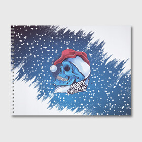 Альбом для рисования с принтом Merry Christmas | Счастливого Рождества | Skull в Петрозаводске, 100% бумага
 | матовая бумага, плотность 200 мг. | Тематика изображения на принте: 2022 | christmas | cold | klaus | merry | new | santa | skull | snow | winter | year | год | дед | зима | клаус | мороз | новый | рождество | санта | скелет | снег | холод | череп