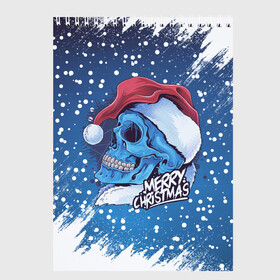 Скетчбук с принтом Merry Christmas | Счастливого Рождества | Skull в Петрозаводске, 100% бумага
 | 48 листов, плотность листов — 100 г/м2, плотность картонной обложки — 250 г/м2. Листы скреплены сверху удобной пружинной спиралью | Тематика изображения на принте: 2022 | christmas | cold | klaus | merry | new | santa | skull | snow | winter | year | год | дед | зима | клаус | мороз | новый | рождество | санта | скелет | снег | холод | череп