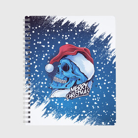 Тетрадь с принтом Merry Christmas | Счастливого Рождества | Skull в Петрозаводске, 100% бумага | 48 листов, плотность листов — 60 г/м2, плотность картонной обложки — 250 г/м2. Листы скреплены сбоку удобной пружинной спиралью. Уголки страниц и обложки скругленные. Цвет линий — светло-серый
 | Тематика изображения на принте: 2022 | christmas | cold | klaus | merry | new | santa | skull | snow | winter | year | год | дед | зима | клаус | мороз | новый | рождество | санта | скелет | снег | холод | череп