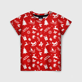 Детская футболка 3D с принтом НОВОГОДНИЙ УЗОР КРАСНО БЕЛЫЙ в Петрозаводске, 100% гипоаллергенный полиэфир | прямой крой, круглый вырез горловины, длина до линии бедер, чуть спущенное плечо, ткань немного тянется | 2022 | beast | merry christmas | new year | red bow | santa hat | snow | tiger | winter | winter is coming | year of the tiger | год тигра | дед мороз | животные | звери | зверь | зима | зима 2022 | зима близко | новогодний свитер | новогодний у