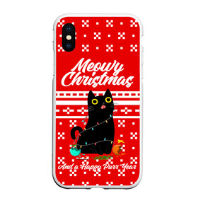 Чехол для iPhone XS Max матовый с принтом MEOW | CHRISTMAS в Петрозаводске, Силикон | Область печати: задняя сторона чехла, без боковых панелей | 2020 | 2021 | 2022 | christmas | meow | meowy christmas | merry | кот | леденец | мяу | нг | новогодний | новый год | олени | рождество | свитер | узоры