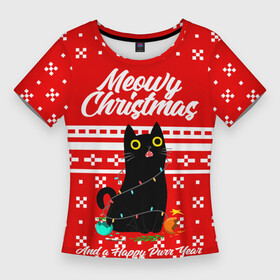 Женская футболка 3D Slim с принтом MEOW  CHRISTMAS в Петрозаводске,  |  | 2020 | 2021 | 2022 | christmas | meow | meowy christmas | merry | кот | леденец | мяу | нг | новогодний | новый год | олени | рождество | свитер | узоры