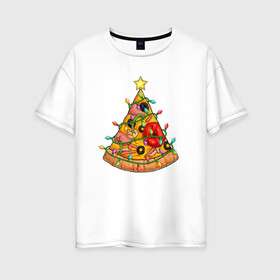 Женская футболка хлопок Oversize с принтом Новогодняя Пицца Елка в Петрозаводске, 100% хлопок | свободный крой, круглый ворот, спущенный рукав, длина до линии бедер
 | Тематика изображения на принте: christmas | pizza | гирлянда | елка | ель | звезда | новый год | пицца | рождество