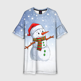 Детское платье 3D с принтом Веселый Снеговик   Happy Snowman в Петрозаводске, 100% полиэстер | прямой силуэт, чуть расширенный к низу. Круглая горловина, на рукавах — воланы | Тематика изображения на принте: christmas | santa | snowman | дед мороз | елка | зима | новый год | рождество | санта | снег | снеговик | снегурочка | снежинка