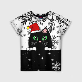 Детская футболка 3D с принтом Новогодний кот в колпаке Санты в Петрозаводске, 100% гипоаллергенный полиэфир | прямой крой, круглый вырез горловины, длина до линии бедер, чуть спущенное плечо, ткань немного тянется | black cat | cat | christmas | kitten | kitty | merry christmas | new year | new year cat | santa | snow | snowflakes | winter | зима | киска | колпак | кот | котенок | кошак | новогодний кот | новый год | подарок | рождество | санта | снег 
