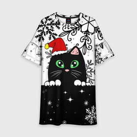 Детское платье 3D с принтом Новогодний кот в колпаке Санты в Петрозаводске, 100% полиэстер | прямой силуэт, чуть расширенный к низу. Круглая горловина, на рукавах — воланы | black cat | cat | christmas | kitten | kitty | merry christmas | new year | new year cat | santa | snow | snowflakes | winter | зима | киска | колпак | кот | котенок | кошак | новогодний кот | новый год | подарок | рождество | санта | снег 
