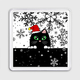 Магнит 55*55 с принтом Новогодний кот в колпаке Санты в Петрозаводске, Пластик | Размер: 65*65 мм; Размер печати: 55*55 мм | black cat | cat | christmas | kitten | kitty | merry christmas | new year | new year cat | santa | snow | snowflakes | winter | зима | киска | колпак | кот | котенок | кошак | новогодний кот | новый год | подарок | рождество | санта | снег 