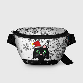 Поясная сумка 3D с принтом Новогодний кот в колпаке Санты в Петрозаводске, 100% полиэстер | плотная ткань, ремень с регулируемой длиной, внутри несколько карманов для мелочей, основное отделение и карман с обратной стороны сумки застегиваются на молнию | black cat | cat | christmas | kitten | kitty | merry christmas | new year | new year cat | santa | snow | snowflakes | winter | зима | киска | колпак | кот | котенок | кошак | новогодний кот | новый год | подарок | рождество | санта | снег 