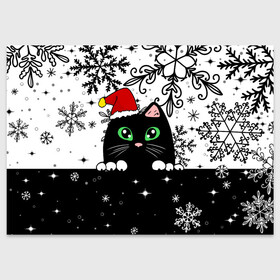 Поздравительная открытка с принтом Новогодний кот в колпаке Санты в Петрозаводске, 100% бумага | плотность бумаги 280 г/м2, матовая, на обратной стороне линовка и место для марки
 | black cat | cat | christmas | kitten | kitty | merry christmas | new year | new year cat | santa | snow | snowflakes | winter | зима | киска | колпак | кот | котенок | кошак | новогодний кот | новый год | подарок | рождество | санта | снег 