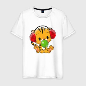 Мужская футболка хлопок с принтом Тигренок в наушниках надувает жвачный пузырь в Петрозаводске, 100% хлопок | прямой крой, круглый вырез горловины, длина до линии бедер, слегка спущенное плечо. | 2022 | год тигра | новый год | новый год 2022 | символ года | тигр | тигренок | тигрица | тигры