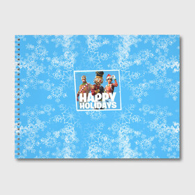 Альбом для рисования с принтом Happy holidays Fortnite в Петрозаводске, 100% бумага
 | матовая бумага, плотность 200 мг. | игра | персонажи | снег | снежинки | фото