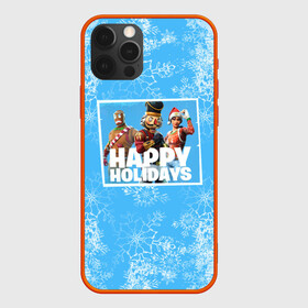 Чехол для iPhone 12 Pro с принтом Happy holidays Fortnite в Петрозаводске, силикон | область печати: задняя сторона чехла, без боковых панелей | Тематика изображения на принте: игра | персонажи | снег | снежинки | фото