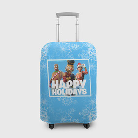 Чехол для чемодана 3D с принтом Happy holidays Fortnite в Петрозаводске, 86% полиэфир, 14% спандекс | двустороннее нанесение принта, прорези для ручек и колес | игра | персонажи | снег | снежинки | фото