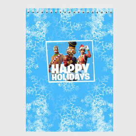 Скетчбук с принтом Happy holidays Fortnite в Петрозаводске, 100% бумага
 | 48 листов, плотность листов — 100 г/м2, плотность картонной обложки — 250 г/м2. Листы скреплены сверху удобной пружинной спиралью | Тематика изображения на принте: игра | персонажи | снег | снежинки | фото