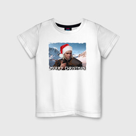 Детская футболка хлопок с принтом Ведьмак merry christmas в Петрозаводске, 100% хлопок | круглый вырез горловины, полуприлегающий силуэт, длина до линии бедер | горы | мужчина | охотник | персонаж | шапка