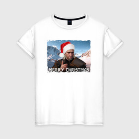 Женская футболка хлопок с принтом Ведьмак merry christmas в Петрозаводске, 100% хлопок | прямой крой, круглый вырез горловины, длина до линии бедер, слегка спущенное плечо | горы | мужчина | охотник | персонаж | шапка