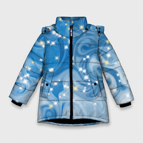 Зимняя куртка для девочек 3D с принтом Голубая метелица в Петрозаводске, ткань верха — 100% полиэстер; подклад — 100% полиэстер, утеплитель — 100% полиэстер. | длина ниже бедра, удлиненная спинка, воротник стойка и отстегивающийся капюшон. Есть боковые карманы с листочкой на кнопках, утяжки по низу изделия и внутренний карман на молнии. 

Предусмотрены светоотражающий принт на спинке, радужный светоотражающий элемент на пуллере молнии и на резинке для утяжки. | blizzard | snow | winter | абстракция | белый | блестки | блестящий | времена года | зима | зимний | метелица | метель | мороз | новогодний | новый год | погода | праздничный | пурга | синий | снег | снежинки
