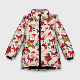 Зимняя куртка для девочек 3D с принтом Дед Мороз в Петрозаводске, ткань верха — 100% полиэстер; подклад — 100% полиэстер, утеплитель — 100% полиэстер. | длина ниже бедра, удлиненная спинка, воротник стойка и отстегивающийся капюшон. Есть боковые карманы с листочкой на кнопках, утяжки по низу изделия и внутренний карман на молнии. 

Предусмотрены светоотражающий принт на спинке, радужный светоотражающий элемент на пуллере молнии и на резинке для утяжки. | Тематика изображения на принте: merry christmas | presents | santa | веселого рождества | дед мороз | подарки | рождество | санта | санта клаус | снежинки