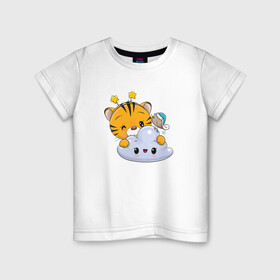 Детская футболка хлопок с принтом Тигренок с облачком в Петрозаводске, 100% хлопок | круглый вырез горловины, полуприлегающий силуэт, длина до линии бедер | 2022 | год тигра | новый год | новый год 2022 | символ года | тигр | тигренок | тигрица | тигры