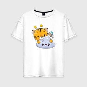 Женская футболка хлопок Oversize с принтом Тигренок с облачком в Петрозаводске, 100% хлопок | свободный крой, круглый ворот, спущенный рукав, длина до линии бедер
 | 2022 | год тигра | новый год | новый год 2022 | символ года | тигр | тигренок | тигрица | тигры
