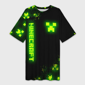 Платье-футболка 3D с принтом MINECRAFT NEON LOGO CREEPER в Петрозаводске,  |  | block | creeper | cube | minecraft | pixel | tnt | toxic | блок | гаст | геометрия | крафт | крипер | кубики | майнкрафт | неон | пиксели | тнт | токсик