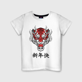 Детская футболка хлопок с принтом Красный тигр   дракон 2022 в Петрозаводске, 100% хлопок | круглый вырез горловины, полуприлегающий силуэт, длина до линии бедер | 2022 | beast | chinese characters | chinese zodiac | dragon | head | muzzle | new year | predator | red tiger | stern look | year of the tiger | год тигра | голова | дракон | зверь | китайские иероглифы | красный тигр | новый год | по китайскому г