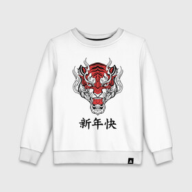 Детский свитшот хлопок с принтом Красный тигр   дракон 2022 в Петрозаводске, 100% хлопок | круглый вырез горловины, эластичные манжеты, пояс и воротник | Тематика изображения на принте: 2022 | beast | chinese characters | chinese zodiac | dragon | head | muzzle | new year | predator | red tiger | stern look | year of the tiger | год тигра | голова | дракон | зверь | китайские иероглифы | красный тигр | новый год | по китайскому г