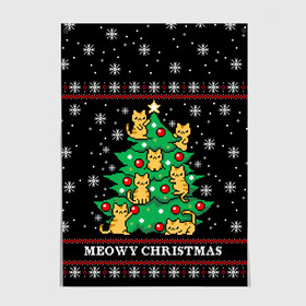 Постер с принтом MEOWY CHRISTMAS | 2022 в Петрозаводске, 100% бумага
 | бумага, плотность 150 мг. Матовая, но за счет высокого коэффициента гладкости имеет небольшой блеск и дает на свету блики, но в отличии от глянцевой бумаги не покрыта лаком | 2020 | 2021 | 2022 | christmas | meow | meowy christmas | merry | кот | леденец | мяу | нг | новогодний | новый год | олени | рождество | свитер | узоры