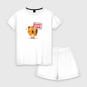 Женская пижама с шортиками хлопок с принтом Тигр с табличкой. Год тигра 2022 в Петрозаводске, 100% хлопок | футболка прямого кроя, шорты свободные с широкой мягкой резинкой | 2022 | tiger | восточный тигр | год тигра | кошка | тигр | тигренок | хищник