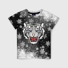 Детская футболка 3D с принтом НОВОГОДНИЙ БЕЛЫЙ ТИГР 2022 в Петрозаводске, 100% гипоаллергенный полиэфир | прямой крой, круглый вырез горловины, длина до линии бедер, чуть спущенное плечо, ткань немного тянется | 2022 | beast | merry christmas | new year | red bow | santa hat | snow | tiger | winter | winter is coming | year of the tiger | год тигра | дед мороз | животные | звери | зверь | зима | зима 2022 | зима близко | новог | новогодни