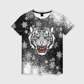 Женская футболка 3D с принтом НОВОГОДНИЙ БЕЛЫЙ ТИГР 2022 в Петрозаводске, 100% полиэфир ( синтетическое хлопкоподобное полотно) | прямой крой, круглый вырез горловины, длина до линии бедер | 2022 | beast | merry christmas | new year | red bow | santa hat | snow | tiger | winter | winter is coming | year of the tiger | год тигра | дед мороз | животные | звери | зверь | зима | зима 2022 | зима близко | новог | новогодни