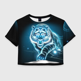 Женская футболка Crop-top 3D с принтом НЕНОНОВЫЙ ТИГР 2022 | NEON TIGER NEW YEAR в Петрозаводске, 100% полиэстер | круглая горловина, длина футболки до линии талии, рукава с отворотами | 2022 | beast | merry christmas | new year | red bow | santa hat | snow | tiger | winter | winter is coming | year of the tiger | год тигра | дед мороз | животные | звери | зверь | зима | зима 2022 | зима близко | новог | новогодни