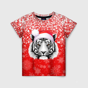 Детская футболка 3D с принтом НОВОГОДНИЙ ТИГР 2022   ЕШПУК 2022 в Петрозаводске, 100% гипоаллергенный полиэфир | прямой крой, круглый вырез горловины, длина до линии бедер, чуть спущенное плечо, ткань немного тянется | 2022 | beast | merry christmas | new year | red bow | santa hat | snow | tiger | winter | winter is coming | year of the tiger | год тигра | дед мороз | животные | звери | зверь | зима | зима 2022 | зима близко | новог | новогодни