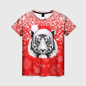 Женская футболка 3D с принтом НОВОГОДНИЙ ТИГР 2022   ЕШПУК 2022 в Петрозаводске, 100% полиэфир ( синтетическое хлопкоподобное полотно) | прямой крой, круглый вырез горловины, длина до линии бедер | 2022 | beast | merry christmas | new year | red bow | santa hat | snow | tiger | winter | winter is coming | year of the tiger | год тигра | дед мороз | животные | звери | зверь | зима | зима 2022 | зима близко | новог | новогодни