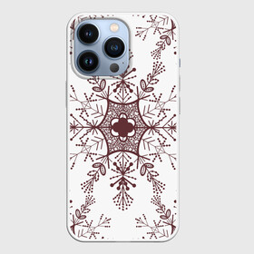 Чехол для iPhone 13 Pro с принтом Шоколадные снежинки на белом фоне в Петрозаводске,  |  | бесшовный | бесшовный принт | бесшовный узор | зима | зимний | зимний мотив | зимний узор | коричневая снежинка | коричневый | коричневый узор | паттерн | снежинка | снежинки