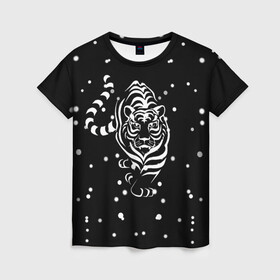 Женская футболка 3D с принтом Новый год 2022 (символ года) в Петрозаводске, 100% полиэфир ( синтетическое хлопкоподобное полотно) | прямой крой, круглый вырез горловины, длина до линии бедер | 2022 | зима | новый год | символ года | снег | тигр