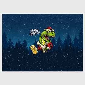 Поздравительная открытка с принтом Пивозавр Санта в Петрозаводске, 100% бумага | плотность бумаги 280 г/м2, матовая, на обратной стороне линовка и место для марки
 | Тематика изображения на принте: christmas | santa | дед мороз | динозавр | елка | зима | новый год | рождество | санта | снег | снежинка