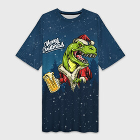 Платье-футболка 3D с принтом Пивозавр Санта в Петрозаводске,  |  | christmas | santa | дед мороз | динозавр | елка | зима | новый год | рождество | санта | снег | снежинка