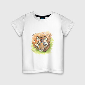 Детская футболка хлопок с принтом Портрет тигра с зелёными глазами в Петрозаводске, 100% хлопок | круглый вырез горловины, полуприлегающий силуэт, длина до линии бедер | 2022 | глаза | животное | зверь | китайский календарь | кошка | новый год | оранжевый | полоски | символ года | тигр | хищник