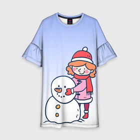 Детское платье 3D с принтом Девочка лепит снеговика в Петрозаводске, 100% полиэстер | прямой силуэт, чуть расширенный к низу. Круглая горловина, на рукавах — воланы | Тематика изображения на принте: 2022 | девочка | зима | зимние забавы | милота | рисунок | снег | снеговик | снежок | холод