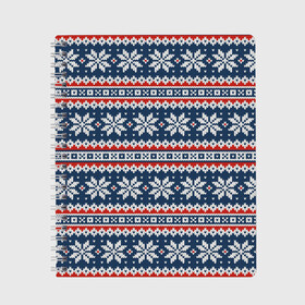 Тетрадь с принтом Knitted Christmas Pattern в Петрозаводске, 100% бумага | 48 листов, плотность листов — 60 г/м2, плотность картонной обложки — 250 г/м2. Листы скреплены сбоку удобной пружинной спиралью. Уголки страниц и обложки скругленные. Цвет линий — светло-серый
 | Тематика изображения на принте: christmas | holiday | knitted pattern | new year | pattern | snowflakes | texture | вязаный узор | новый год | праздник | рождество | снежинки | текстура | узор