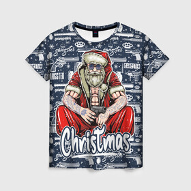 Женская футболка 3D с принтом Гангстер Санта Клаус   Santa Claus Gangster в Петрозаводске, 100% полиэфир ( синтетическое хлопкоподобное полотно) | прямой крой, круглый вырез горловины, длина до линии бедер | christmas | бита | гангстер | дед мороз | кастет | новый год | нож | оружие | пистолет | рождество | санта | снежинка