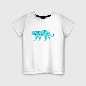 Детская футболка хлопок с принтом водяной тигр 2022 в Петрозаводске, 100% хлопок | круглый вырез горловины, полуприлегающий силуэт, длина до линии бедер | 2022зима | blue water tiger | year of the tiger | водный тигр | год тигра | ёлка | кошка | новыйгод | синие полоски | тигр