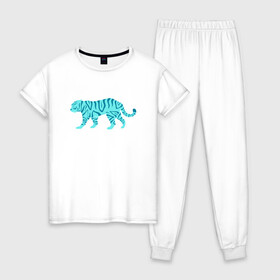 Женская пижама хлопок с принтом водяной тигр 2022 в Петрозаводске, 100% хлопок | брюки и футболка прямого кроя, без карманов, на брюках мягкая резинка на поясе и по низу штанин | 2022зима | blue water tiger | year of the tiger | водный тигр | год тигра | ёлка | кошка | новыйгод | синие полоски | тигр