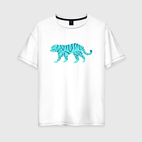 Женская футболка хлопок Oversize с принтом водяной тигр 2022 в Петрозаводске, 100% хлопок | свободный крой, круглый ворот, спущенный рукав, длина до линии бедер
 | 2022зима | blue water tiger | year of the tiger | водный тигр | год тигра | ёлка | кошка | новыйгод | синие полоски | тигр
